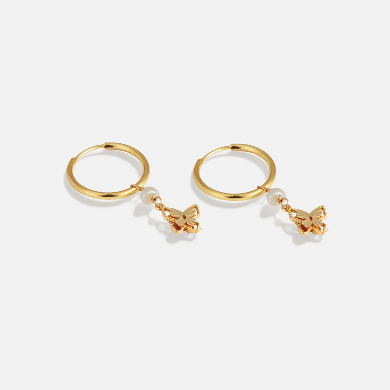 گوشواره حلقه ای طلا پروانه تراش دار و مروارید 18 عیار