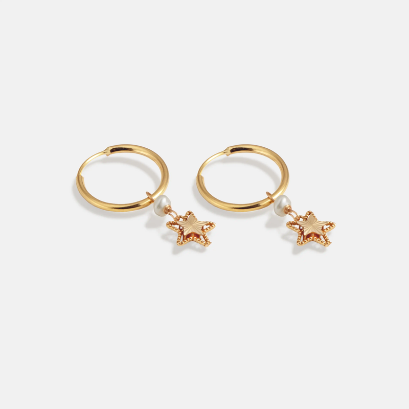 گوشواره حلقه ای طلا ستاره تراش دار و مروارید 18 عیار 