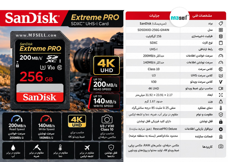 کارت حافظه SanDisk 256 GB Extreme PRO 200MB/s ( گارانتی دار )