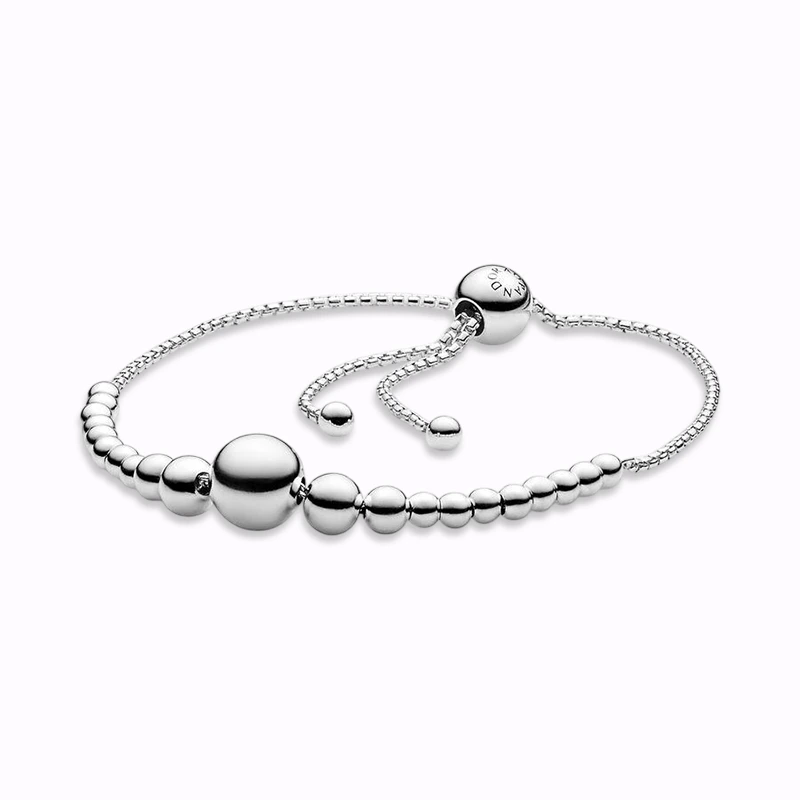 عکس دستبند کشویی پاندورا مدل گوی‌ دار نقره‌ای 