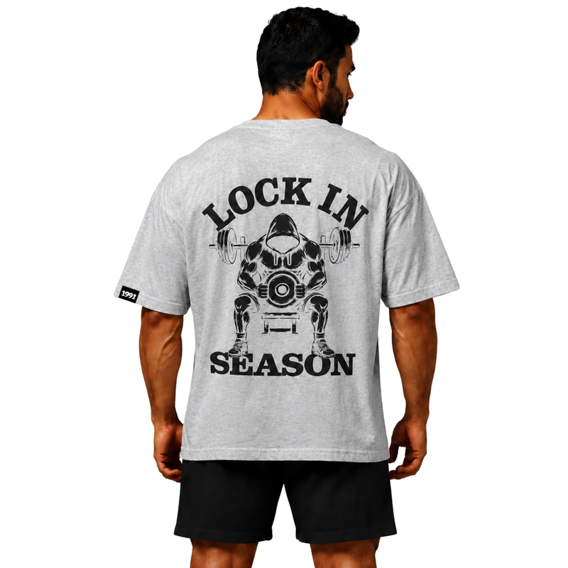 تیشرت مردانه زنانه اورسایز نخی 1991 Lock In Season مدل TS19110 طوسی پشت