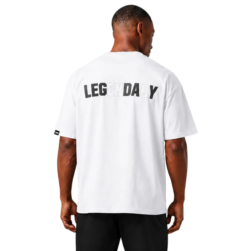 تیشرت اورسایز Legendary کد TS19114 رنگ سفید بک پرینت Leg Day نمای پشت برند 1991