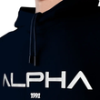 جزئیات چاپ برجسته ALPHA 1991 و بند کلاه هودی سرمه‌ای مدل GK1939