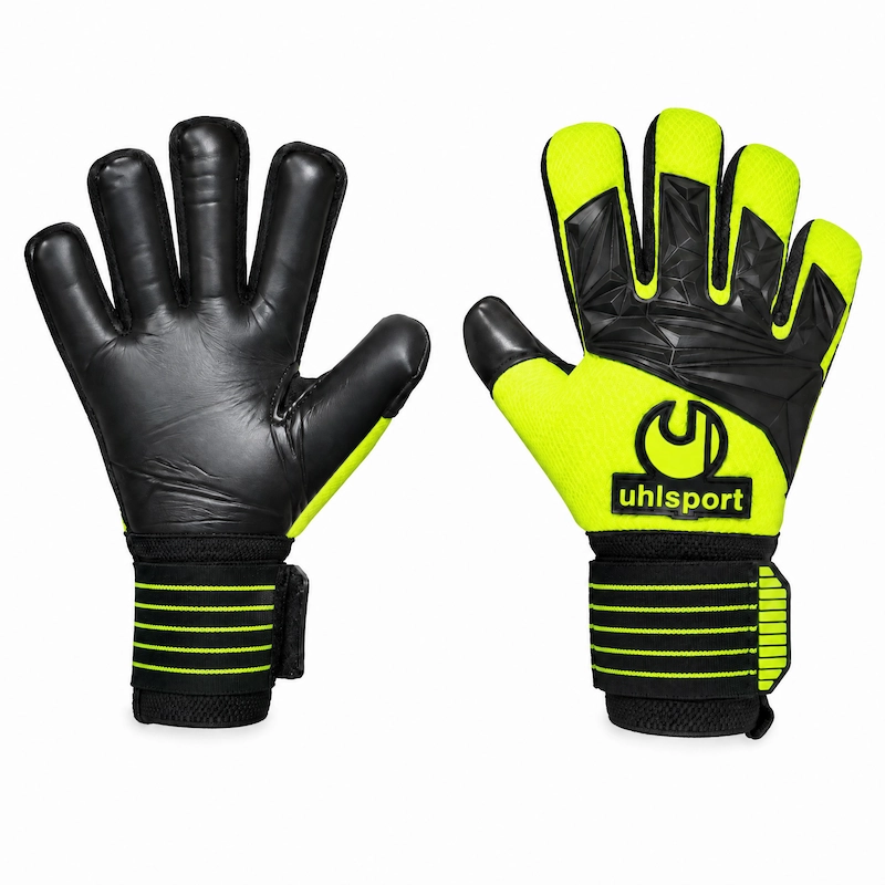 دستکش دروازه‌بانی Uhlsport حرفه‌ای کف لاتکس رنگ زرد فسفری با مچ‌بند کشی