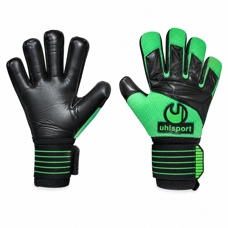 دستکش دروازه‌بانی Uhlsport حرفه‌ای کف لاتکس رنگ سبز با مچ‌بند کشی