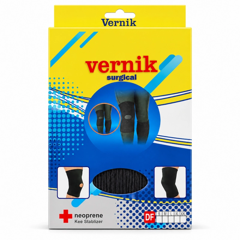 جعبه بسته‌بندی زرد و آبی زانوبند طبی ورنیک VERNIK Surgical Neoprene Kee Stabilizer