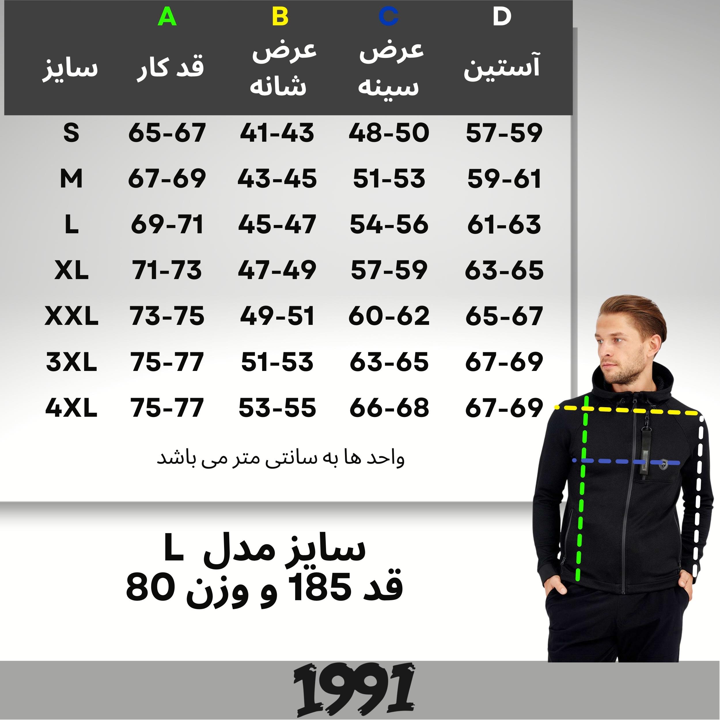 چارت سایزبندی سویشرت مردانه نوزده نود و یک GK1909