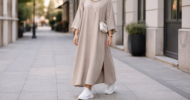Pairing an abaya coat with sneakers