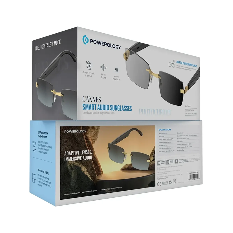 عینک آفتابی فتوکرومیک هوشمند پاورولوژی مدل POWEROLOGY CANNES SMART AUDIO SUNGLASSES PWHY1006GDBK