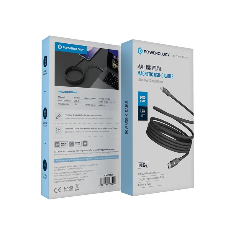 کابل شارژ 60W پاورولوژی مدل POWEROLOGY MAGLINK WEAVE PCAB024GY TYPE-C TO TYPE-C