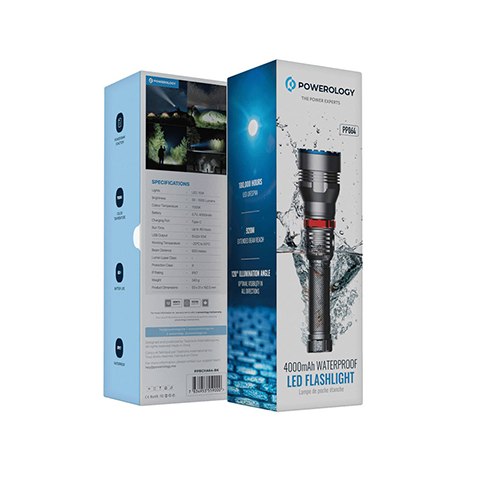 چراغ قوه حرفه ای ضد آب پاورولوژی مدل POWEROLOGY LED FLASHLIGHT 4000MAH WATTERPROOF PPBCHA64-BK
