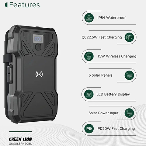پاوربانک خورشیدی 20000 میلی آمپر گرین لاین مدل GREEN LION SOLAR 5-PANEL GL-PX27 GNSOL5PN20