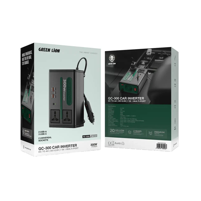 اینورتر فندکی ۳۰۰ وات گرین لاین مدل GREEN LION GS-300 GNGC300PINBK